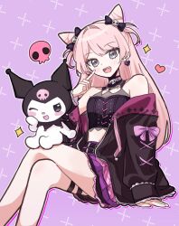  2girls :d ;d at_09098 bang_dream! bang_dream!_it's_mygo!!!!! belt black_belt black_bow black_jacket bow chihaya_anon commentary_request cone_hair_bun crossed_legs crossover double_bun earrings finger_to_cheek grey_eyes hair_bow hair_bun hair_ornament hand_up heart heart_earrings highres jacket jewelry korean_commentary kuromi long_hair miniskirt multiple_belts multiple_girls my_melody_(series) official_alternate_costume official_alternate_hairstyle one_eye_closed open_mouth outline pink_hair pink_skirt purple_background sanrio sitting skirt skull_hair_ornament smile white_outline 