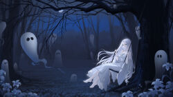  1girl artist_name bare_shoulders bare_tree barefoot black_nails blue_sky breasts closed_mouth collarbone commentary commission dress fingernails floating_hair flower flower_request from_side ghost green_eyes grey_dress grey_flower grey_hair hands_up highres huhv. long_hair looking_ahead moon nail_polish night off-shoulder_dress off_shoulder on_swing original outdoors parted_bangs pixiv_commission sitting sky small_breasts solo spaghetti_strap swing swinging_on_swing toenail_polish toenails tree very_long_hair wide_shot wide_sleeves 
