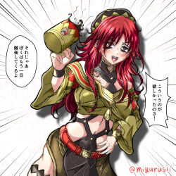  1girl beret coffee coffee_mug commentary_request cup dante_(fire_emblem) fire_emblem fire_emblem:_fortune's_weave hair_over_one_eye hand_on_own_hip hat highres holding holding_cup jester_(fire_emblem) migurunoe mug red_hair robe sleepy solo solo_focus speech_bubble stomach yellow_robe 
