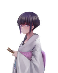  1girl absurdres back_bow black_hair bow closed_mouth colored_inner_hair commentary_request folded_fan folding_fan ganida_boushoku hand_fan highres holding holding_fan hyuuga_hinata japanese_clothes kimono long_sleeves looking_at_viewer multicolored_hair naruto_(series) obi print_sash sash short_hair simple_background smile solo upper_body violet_eyes white_background white_kimono wide_sleeves 