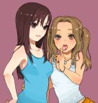  bracelet brown_eyes brown_hair candy copyright_request earrings eyeshadow jewelry kurono_yuu licking lips lollipop long_hair makeup multiple_girls nail_polish necklace red_eyes simple_background tank_top tongue twintails 