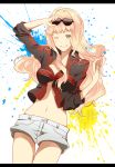  blonde_hair blue_eyes grin highres jacket kouichirou letterboxed long_hair macross macross_frontier midriff navel paint paint_splatter sheryl_nome short_shorts shorts smile solo sunglasses sunglasses_on_head wink 