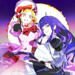  2girls bad_source beret black_gloves blonde_hair blue_hair blunt_bangs bow cat_tail chinese_commentary commentary_request dress elbow_gloves evil_smile frederica_bernkastel front_bow full_moon gem glitch gloves hair_bow hand_on_own_face hat hat_bow highres index_finger_raised lambdadelta lolita_fashion long_hair moon multiple_girls night open_mouth pearl pink_dress pink_hat pointing pointing_at_viewer pumpkin purple_hair red_bow red_eyes sketch sky smile smug star_(sky) starry_sky tail tail_bow tail_ornament umineko_no_naku_koro_ni upper_body violet_eyes 