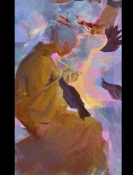  2boys abstract_background barefoot bird black_border blood border commentary crow dahnu english_commentary highres japanese_clothes kimono multiple_boys ryoumen_sukuna_(jujutsu_kaisen) uraume_(jujutsu_kaisen) white_kimono 