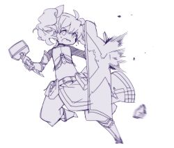  1girl anpolly armor belt belt_buckle belt_pouch buckle commentary_request fortress_(sekaiju) fortress_2_(sekaiju) hair_between_eyes hammer holding holding_hammer holding_shield leg_up monochrome open_mouth pouch puffy_pants purple_theme sekaiju_no_meikyuu sekaiju_no_meikyuu_4 shield simple_background small_sweatdrop solo standing standing_on_one_leg twintails v-shaped_eyebrows white_background 