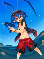  1girl antenna_hair blue_hair blue_sky bracelet commentary demon_boy disgaea english_commentary eyewear_on_head fang highres holding holding_water_gun hood hooded_jacket jacket jewelry kuro_(user_uwrm3742) laharl looking_at_viewer male_swimwear navel open_mouth outdoors pointy_ears red_eyes signature sky sleeveless sleeveless_jacket smile solo splashing sunglasses swim_trunks wading water water_gun 