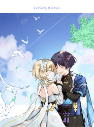  1boy 1girl absurdres arm_cutout armor bare_shoulders belt bird black_belt black_bodysuit black_bow black_bridal_gauntlets black_corset black_gloves black_hair black_shorts blonde_hair blue_cape blue_flower blue_kimono blue_sleeves blue_trim blunt_ends blush bodysuit border bow bridal_gauntlets cape closed_eyes clothing_cutout clouds commentary contrapposto corset couple covered_collarbone cross-laced_clothes cross-laced_corset detached_sleeves dress english_text eyelashes eyeliner facing_another falling_leaves feathers fingernails flower furisode genshin_impact gloves gold_ring hair_flower hair_ornament hakama hakama_shorts happy hetero highres hip_vent holding_another's_wrist japanese_armor japanese_clothes juban kimono kote kurokote kusa_013yyds leaf letterboxed lumine_(genshin_impact) makeup mandarin_collar middle_ring multicolored_flower open_clothes open_kimono open_mouth outdoors partially_fingerless_gloves pleated_shorts purple_rope purple_sash red_eyeliner rope sash scaramouche_(genshin_impact) short_hair short_hair_with_long_locks short_sleeves shorts shoulder_blades shoulder_peek side_cape sidelocks tassel teeth untranslatable_commentary upper_teeth_only vambraces wanderer_(genshin_impact) white_bird white_border white_dress white_flower white_kimono white_sleeves white_trim wispy_bangs yellow_feathers 