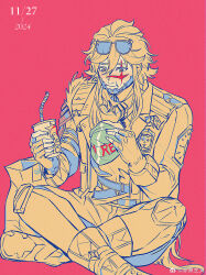  1108c 1boy alchemy_stars bag barton_(alchemy_stars) belt boots burger chinese_commentary commentary_request cup dated drinking_straw eating eyewear_on_head fast_food fingerless_gloves food gloves highres holding holding_food indian_style jacket limited_palette pants paper_bag pink_background pink_theme scar scar_on_face simple_background sitting watermark weibo_watermark 