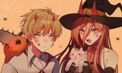  1boy 1girl animal artist_name blonde_hair bug chainsaw_man choker commentary demon demon_girl denji_(chainsaw_man) dog english_commentary gloves halloween halloween_costume hat highres horns meowy_(chainsaw_man) noodychaan orange_background orange_eyes orange_hair pochita_(chainsaw_man) power_(chainsaw_man) pumpkin red_horns signature silk spider spider_web sticker sticker_on_face vampire witch witch_hat 