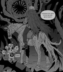  1boy cape commentary_request extra_eyes flower force_(4sk_force) four-hundred_roses full_body greyscale highres horse horseback_riding hurting_teddy_bear korean_commentary limbus_company monochrome pants project_moon riding rose rose_hunter saddle sharp_teeth shoes sparkle teeth translation_request 