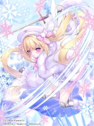  1girl beret blonde_hair blue_background blush boots bow cloak closed_mouth commentary_request copyright_name cryokinesis detached_wings footwear_bow frilled_sleeves frills full_body fur-trimmed_boots fur-trimmed_cloak fur-trimmed_headwear fur_trim gloves grey_gloves hair_ornament hat hat_bow highres holding holding_sword holding_weapon ice ice_wings jeweled_hat knee_boots long_hair momochi_chia pink_bow pleated_skirt pom_pom_hat_ornament purple_boots purple_cloak purple_hat purple_shirt shirt skirt snowflakes solo sword twintails v-shaped_eyebrows violet_eyes weapon white_skirt wide_sleeves wing_hair_ornament wings z/x 