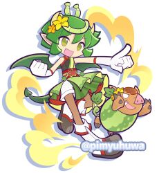  1girl alternate_costume animal black_shirt boar boots clenched_hand commentary_request draco_centauros dragon_girl dragon_horns dragon_tail dragon_wings fang flower food fruit gloves green_hair green_skirt green_wings hair_flower hair_ornament halter_shirt halterneck horns leaf_tail official_style open_mouth outstretched_arm pantyhose pimyuhuwa pointing pointy_ears puyopuyo puyopuyo_quest red_sash sash shirt short_hair shorts simple_background skirt sleeveless sleeveless_shirt smile standing standing_on_one_leg tail twitter_username uribou_(puyopuyo) watermelon white_background white_boots white_gloves white_shorts wings yellow_eyes yellow_flower 