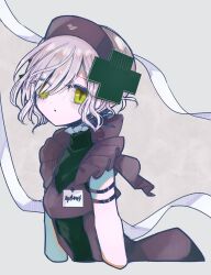  1girl animal_print bird_print black_dress butter_run commentary_request dress grey_background grey_hair hair_ornament hat highres looking_at_viewer magical_girl mahou_shoujo_ikusei_keikaku mahou_shoujo_ikusei_keikaku_restart nurse_cap shadowgale short_hair x_hair_ornament yellow_eyes 