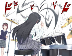  2girls ahoge anglediana awa_subaru black_hair chinese_commentary commentary_request drum drum_set from_behind girls_band_cry grey_skirt highres instrument iseri_nina long_hair long_sleeves motion_blur multiple_girls playing_drums playing_instrument pleated_skirt prehensile_hair shirt sitting skirt surprised white_background white_shirt 