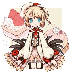  1girl blonde_hair blue_eyes blush butter_run cake closed_mouth commentary cream cross_hair_ornament food frilled_skirt frilled_thigh_strap frills fruit hair_ornament hat highres magical_girl mahou_shoujo_ikusei_keikaku mahou_shoujo_ikusei_keikaku_restart pechika_(mahoiku) puffy_sleeves red_nails short_hair skirt smile strawberry thigh-highs thigh_strap 