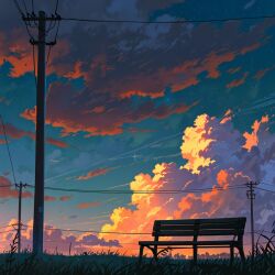  aio_(user_ngrv4837) bench clouds fantasy grass landscape no_humans original outdoors power_lines scenery star_(sky) sunlight sunset 