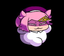  1girl :3 amato_tenshi animated animated_gif beret chibi chibi_only commentary_request constricted_pupils full_body hair_horns hair_ornament hairclip hat mahjong_fight_girl pink_hair purple_hat running shaded_face short_hair simple_background solo swept_bangs tonchamon_san transparent_background 