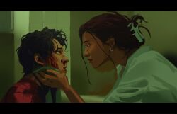  blood blood_on_face brown_hair earrings hair_ornament hairclip highres jewelry looking_at_another marion_bordeyne marvel messy_hair michelle_"mj"_jones peter_parker short_hair spider-man spider-man:_brand_new_day spider-man_(series) tom_holland zendaya 