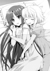  2girls =_= ^^^ absurdres alternate_costume alternate_hairstyle blush breast_press breasts breasts_on_another's_back closed_eyes comiket_85 cowboy_shot drooling dutch_angle eyes_visible_through_hair fang frilled_pajamas frilled_pillow frills from_above fuyuichi greyscale hair_down hair_spread_out head_on_pillow highres hug hug_from_behind kamikita_komari little_busters! long_hair looking_at_viewer lying medium_breasts medium_hair monochrome multiple_girls non-web_source on_bed on_side open_mouth pajamas parted_bangs photoshop_(medium) pillow puffy_short_sleeves puffy_sleeves sasasegawa_sasami short_sleeves sleeping squeans surprised sweatdrop under_covers very_long_hair x-ray yuri 