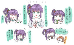  2girls aqua_neckerchief colored_speech_bubble commentary_request dress flower flying_sweatdrops green_eyes hair_bun hair_flower hair_ornament hasu_no_sora_school_uniform hinoshita_kaho long_hair love_live! love_live!_hasu_no_sora_jogakuin_school_idol_club molcar moso_(expect66) multiple_girls multiple_views neckerchief otomune_kozue puffy_short_sleeves puffy_sleeves pui_pui_molcar purple_hair sailor_collar sailor_dress school_uniform shiromo_(pui_pui_molcar) short_sleeves side_ponytail single_side_bun speech_bubble summer_uniform tassel tassel_hair_ornament translation_request virtual_youtuber white_dress white_sailor_collar 