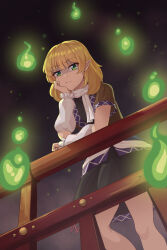  1girl :t absurdres against_railing arm_warmers black_shirt black_skirt blonde_hair brown_shirt closed_mouth commentary_request feet_out_of_frame fire green_eyes green_fire hand_on_own_cheek hand_on_own_face highres hitodama kyokkou_no_aurora looking_at_viewer mizuhashi_parsee pointy_ears railing scarf shaded_face shirt short_hair short_sleeves skirt solo touhou undershirt white_scarf 