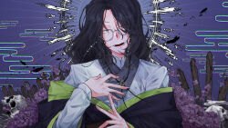  1boy black_kimono blood bolo_tie bone cloud_print commentary_request egasumi evil_smile flower halo halo_behind_head hand_on_own_chest highres japanese_clothes kimono kimono_partially_removed korean_commentary light_rays lower_teeth_only nankaitarou_chouson palisade purple_background purple_flower round_eyewear skeleton skull smile solo stake teeth touken_ranbu user_svyv5532 white_halo 
