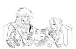  0nlymyb1d 1boy 1girl ashveil_(honkai:_star_rail) black_hair bright_pupils brown_hair buckle burger coat commentary_request double-parted_bangs earrings eating fedora food french_fries gloves greyscale hand_on_another's_face hat highres holding holding_burger holding_food honkai:_star_rail honkai_(series) jacket jewelry korean_commentary kuchiba_(honkai:_star_rail) monochrome simple_background sweater white_background 