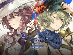  2girls absurdres armor black_gloves black_hat blonde_hair blue_gem blue_neckerchief brown_hair brume_(reverse:1999) chinese_commentary commentary_request dragon felicienne_(reverse:1999) food gem gloves grin hand_on_headwear hand_up hat highres holding holding_food looking_at_viewer macaron multiple_girls neckerchief newsboy_cap one_eye_closed reverse:1999 shirt short_hair shoulder_armor single_bare_shoulder small_dragon smile tank_top violet_eyes white_background white_hat white_shirt white_tank_top xixifusi_de_hualun yellow_eyes 