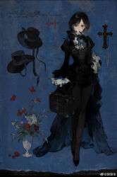  1girl absurdres aristocratic_clothes ascot bag black_dress black_gloves black_hair black_hat black_pantyhose black_ribbon black_shoes bleeding blood blood_on_cheek blood_on_face blood_on_leg blue_ascot blue_background blue_flower blue_gem blue_ribbon breasts brown_bag bug butterfly buttons chain chinese_commentary closed_mouth collar commentary_request cross crossed_ankles curly_hair cursive dress earrings elbow_gloves flower frilled_collar frilled_sleeves frills full_body gem gloves grey_eyes hair_ribbon hand_on_own_chin hat hat_feather hat_ribbon high-low_dress high_collar highres holding holding_suitcase jewelry juliet_sleeves latin_cross light_frown long_sleeves looking_to_the_side loose_hair_strand low_ponytail neck_ribbon original painterly pantyhose ponytail puffy_sleeves red_butterfly red_flower red_rose ribbon rose scratches shoes side_part side_ponytail sideways_glance simple_background small_breasts solo standing suitcase swept_bangs unworn_earring unworn_hat unworn_headwear vase watermark weibo_username weibo_watermark white_collar white_flower wide_sleeves wo_kaiqi_chelai 