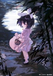  1girl animal_ears bamboo basket brown_hair carrot_necklace chinese_commentary closed_mouth commentary_request dress floppy_ears full_moon highres holding holding_basket inaba_tewi jewelry looking_at_viewer mary_janes moon necklace night outdoors pendant pink_dress puffy_short_sleeves puffy_sleeves rabbit rabbit_ears rabbit_girl rabbit_tail red_eyes reflection reflective_liquid shijiu_(shizuoxing) shoes short_sleeves smile solo tail touhou 