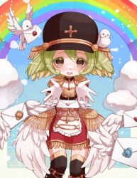 1girl bird black_thighhighs brown_eyes commentary_request envelope epaulettes feathered_wings gloves green_hair hair_wings hat highres magical_girl mahou_shoujo_ikusei_keikaku mahou_shoujo_ikusei_keikaku_limited postarie qoo_1025 rainbow short_hair thigh-highs white_gloves white_wings wings 