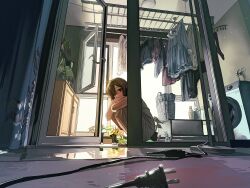  1girl asymmetrical_bangs balcony brown_hair cabinet cable casual clothes_hanger commentary covering_own_mouth cross_neko day doorway drying electric_plug expressionless floor from_below glass_door green_eyes hair_over_one_eye highres hugging_own_legs indoors laundry laundry_basket looking_at_viewer open_door open_window original overexposure plant plastic_bottle potted_plant reflection reflective_floor reflective_liquid shade short_hair solo squatting sunlight unplugged washing_machine water wet_floor window 