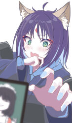  1girl absurdres ahoge animal_ear_fluff animal_ears blue_hoodie blue_nails cho_kaguya-hime! commentary fang fox_ears fox_girl green_eyes highres hood hood_down hoodie long_sleeves medium_hair nail_polish open_mouth purple_hair sakayori_iroha sakayori_iroha_(tsukuyomi) simple_background solo uonun_illust white_background 