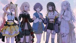 5girls animal_ears arm_up bang_dream! bang_dream!_it's_mygo!!!!! bang_dream!_our_notes bang_dream!_yumemita black_choker black_dress black_hair black_necktie black_shorts blonde_hair blue_hair blue_jacket bracelet breasts brown_corset brown_eyes brown_hair choker clothing_cutout colored_inner_hair commentary corset doloris_(bang_dream!) dress earrings fake_animal_ears flower gradient_hair grey_hair grey_skirt grey_thighhighs hair_flower hair_ornament hand_in_pocket highres jacket jewelry long_hair long_sleeves looking_at_viewer medium_breasts medium_hair midori_(bangdreamgh) midriff misumi_uika multicolored_hair multiple_girls nakamachi_arale navel necklace necktie o-ring o-ring_thigh_strap one_eye_closed open_clothes open_jacket open_mouth own_hands_together parted_lips pink_hair purple_jacket shiomi_hotaru shirt short_hair short_sleeves shorts shoulder_cutout single_thighhigh skirt sleeveless sleeveless_shirt suga_raika takamatsu_tomori teeth thigh-highs thigh_strap torn_clothes torn_thighhighs twintails upper_teeth_only very_long_hair violet_eyes w white-framed_eyewear white_shirt white_thighhighs yellow_skirt 