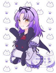  12_locus 1girl ascot black_collar black_ribbon child closed_mouth collar commentary_request cropped_torso curtained_hair detached_collar dress eiyuu_densetsu frilled_dress frills hair_ribbon highres holding holding_stuffed_toy hug hugging_object long_sleeves looking_at_viewer medium_hair parted_bangs patterned_background puffy_long_sleeves puffy_sleeves puritan_collar purple_hair red_ascot renne_(eiyuu_densetsu) ribbon simple_background smile solo sora_no_kiseki stuffed_animal stuffed_rabbit stuffed_toy watermark white_dress wide_sleeves yellow_eyes 