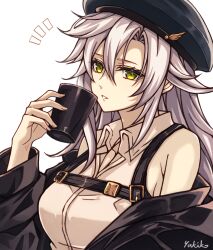  1girl asymmetrical_bangs beret black_hat black_jacket breasts chest_strap collared_shirt commentary cup eiyuu_densetsu fie_claussell green_eyes hair_between_eyes hat holding holding_cup jacket kuro_no_kiseki_(series) light_smile long_hair looking_at_viewer medium_breasts notice_lines off_shoulder open_clothes open_jacket parted_bangs parted_lips shirt signature simple_background sleeveless sleeveless_shirt solo upper_body white_background white_hair white_shirt wing_collar yukiko_(leovioykk) 