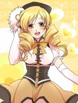  beret blonde_hair breasts corset detached_sleeves drill_hair hair_ornament hat heart highres holding_hat koorijou large_breasts magical_girl mahou_shoujo_madoka_magica open_mouth pleated_skirt skirt smile solo taut_shirt tomoe_mami yellow_eyes 