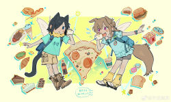  2girls :< absurdres aged_down animal_ears artist_name backpack bag bddd777 black_hair blue_eyes bottle bracelet bread brown_hair burger cake cat_ears chinese_commentary commentary_request crime_prevention_buzzer croissant dated dog_ears dog_tail earrings eyes_visible_through_hair fang food hair_over_one_eye highres jewelry kemonomimi_mode loaf_of_bread long_hair medium_hair miyagi_shiori multiple_girls open_mouth pink_eyes pizza sendai_hazuki short_sleeves shuuniichido_classmate_wo_kau_hanashi soda_bottle tail watermark weibo_watermark wings 