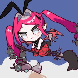  1girl animal_ears baobhan_sith_(bloody_bunny)_(fate) baobhan_sith_(fate) black_leotard brooch broom broom_riding chibi commentary_request demon_wings fake_animal_ears fate/grand_order fate_(series) fishnet_pantyhose fishnets gloves grey_eyes highres jewelry leotard pantyhose pink_hair playboy_bunny rabbit_ears rabbit_tail red_gloves red_pantyhose sidelocks tail twintails wings yuritoame 