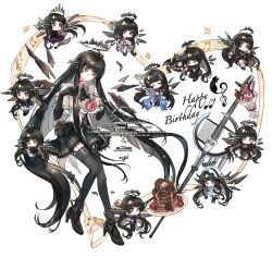  6+girls apple arknights ascot black_ascot black_eyes black_gloves black_hair black_halo black_thighhighs black_wings blunt_bangs bow_(music) broken_halo character_request chibi chinese_commentary collared_jacket commentary_request detached_wings food fork fruit full_body gloves halo happy_birthday high_heels highres hime_cut holding holding_bow_(music) holding_fork holding_instrument holding_plate holding_violin instrument jacket jing_chuan_yi long_hair long_sleeves mole mole_under_eye multiple_girls multiple_persona parfait plate short-sleeved_jacket short_sleeves sidelocks smile strap thigh-highs very_long_hair violin virtuosa_(arknights) white_background wings 