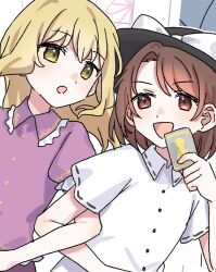  2girls artificial_utopia_in_ruins black_hat blonde_hair bow brown_eyes brown_hair buttons card collared_shirt commentary_request frilled_shirt_collar frills hat hat_bow holding holding_card locked_arms maribel_hearn multiple_girls nnn_lu open_mouth purple_shirt shirt short_sleeves touhou upper_body usami_renko white_shirt yellow_eyes 