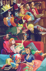  2girls 6+boys antlers arms_up bikini bikini_top_only black_hair black_suit blonde_hair blue_hair book bookshelf brook_(one_piece) carrying carrying_person commentary cross crown english_commentary feather_boa franky_(one_piece) hair_over_one_eye hair_slicked_back hat heart heart-shaped_eyes holding holding_book hood horns indoors long_hair long_nose lying monkey_d._luffy multiple_boys multiple_girls nami_(one_piece) necktie nico_robin on_back one_piece pink_sarong ravefirell red_shirt reindeer_antlers roronoa_zoro sanji_(one_piece) sarong sash shirt skeleton smile stitched_torso stitches straw_hat straw_hat_pirates suit sunglasses swimsuit sword tony_tony_chopper usopp weapon 