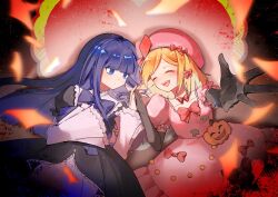  2girls beret black_dress black_gloves blonde_hair blue_hair bow closed_eyes commentary_request dress elbow_gloves fire frederica_bernkastel frills front_bow gem gloves glowing happy hat heart highres holding_hands jack-o'-lantern lambdadelta long_hair long_sleeves maid multiple_girls pearl pink_dress pink_hat pink_ribbon puffy_sleeves pumpkin ribbon smile sparks umineko_no_naku_koro_ni upper_body violet_eyes yousheng1016 