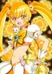  :3 :d blonde_hair blush bow creature cure_sunshine dress earrings flower hair_flower hair_ornament hair_ribbon happy heart heartcatch_precure! instrument jewelry long_hair magical_girl midriff myoudouin_itsuki navel nuridoa3 open_mouth potpourri_(precure) precure ribbon smile tambourine twintails wrist_cuffs yellow_eyes 