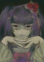  1girl bags_under_eyes blunt_bangs bow close-up commentary dark expressionless flower front_bow furudo_erika hair_ornament hair_ribbon half-closed_eyes hands_under_chin highres interlocked_fingers long_hair long_sleeves looking_at_viewer muted_colors own_hands_clasped own_hands_together pink_bow porowiii portrait purple_hair red_flower red_rose ribbon rose signature sketch solo umineko_no_naku_koro_ni untranslatable_commentary violet_eyes 