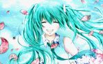  :d aonoe aqua_hair closed_eyes detached_sleeves eyes_closed face hatsune_miku long_hair necktie open_mouth petals smile solo tie twintails vocaloid 
