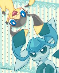  artist_name blue_background blue_eyes blush blush_stickers bright_pupils english_commentary glaceon helioptile highres no_humans pokemon pokemon_(creature) pokemon_focus sidelocks smile star_(symbol) striped_background sugarsylvie vertical-striped_background white_background white_pupils 