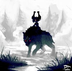  1girl absurdres glowing glowing_eyes grass helmet highres intimidating jonathan_p.t._arts link looking_at_viewer midna midna_(imp) orange_eyes pointy_ears red_eyes riding riding_animal signature the_legend_of_zelda the_legend_of_zelda:_twilight_princess tree wolf_link 