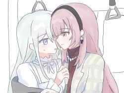  2girls akitoo1476081 bang_dream! bang_dream!_our_notes black_hairband blush closed_mouth commentary earrings eye_contact face-to-face from_side grey_eyes hairband izumi_houka jewelry long_hair long_sleeves looking_at_another multiple_girls open_mouth pink_hair profile shiomi_hotaru small_sweatdrop train_interior upper_body violet_eyes white_hair yuri 