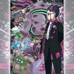  1boy absurdres aqua_eyes arbok arm_behind_back artist_name barbaracle black-framed_eyewear black_eyes black_jacket black_pants black_suit bright_pupils claws closed_mouth colored_sclera commentary company_name copyright_notice corbeau_(pokemon) dusk_ball english_commentary fangs forked_tongue from_side garbodor glasses gyarados highres holding holding_poke_ball jacket long_sleeves male_focus mega_pokemon mega_scolipede mega_stone merchandise_available necktie official_style open_clothes open_jacket open_mouth outline pants poke_ball pokemon pokemon_(creature) pokemon_legends:_z-a pokemon_team purple_hair purple_shirt red_eyes roserade scolipede sharp_teeth shirt short_hair standing suit suit_jacket teeth tom_higgins tongue tongue_out v-shaped_eyebrows veins watermark white_necktie white_outline white_pupils yellow_eyes yellow_sclera 